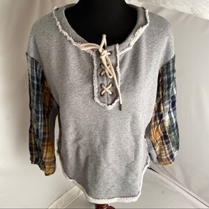 Miss Me gray multicolor plaid contrast balloon sleeve sweatshirt